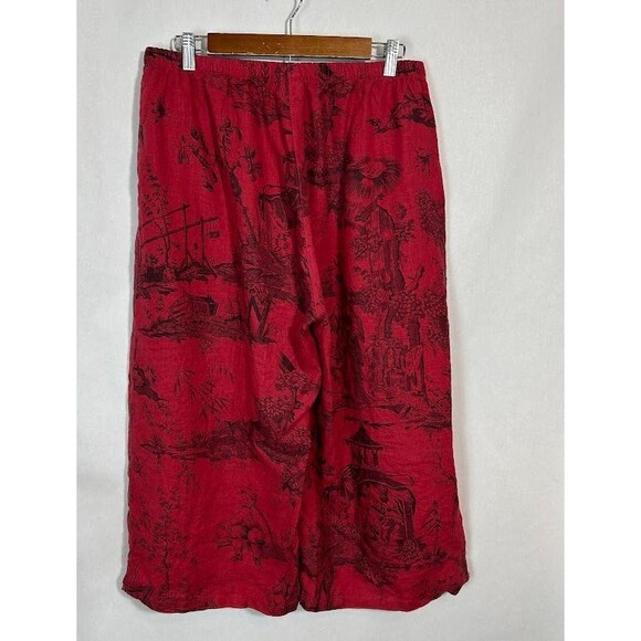 Kleen Womens Linen Wide Leg Pants L Red Asian Inspired Crop Pull On Lagenlook - Picture 3 of 8